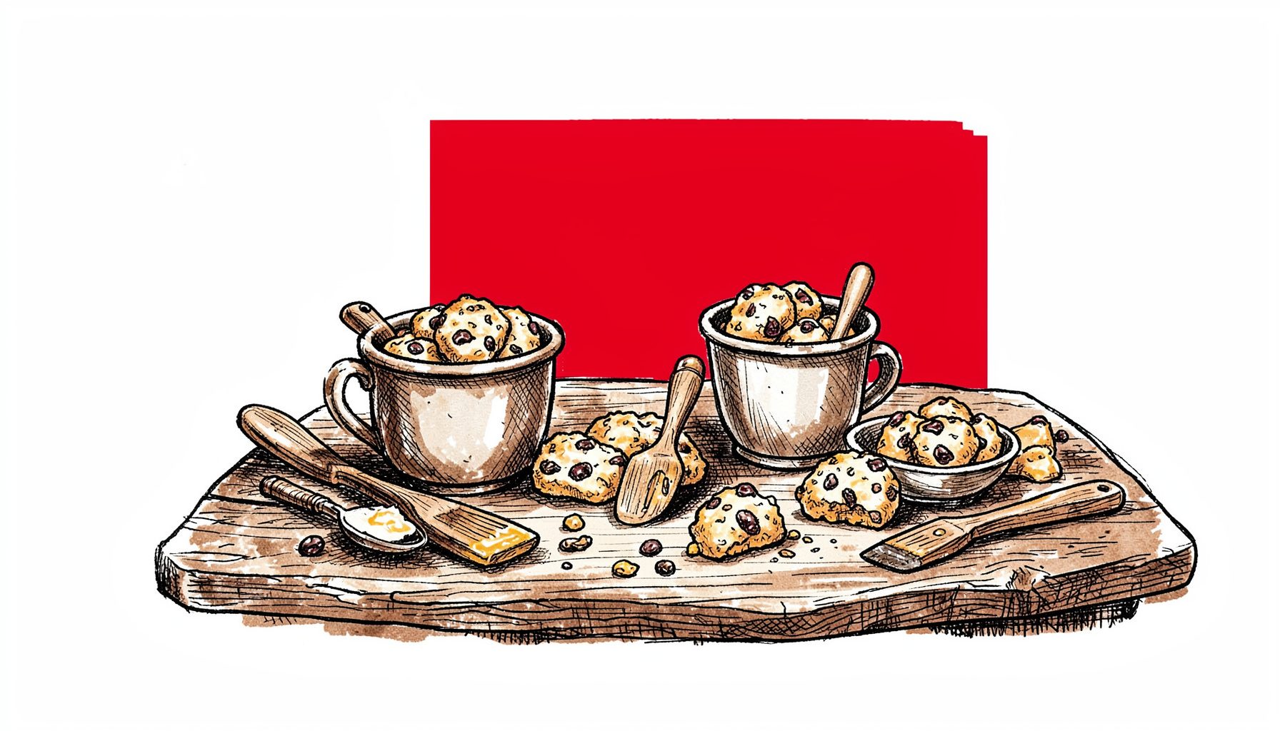 Il·lustració a tinta dibuixada a mà d'una taula rústica amb pots de massa de galeta, espàtules de fusta i ingredients escampats, en tons càlids de marró, crema i caramel sobre fons fosc