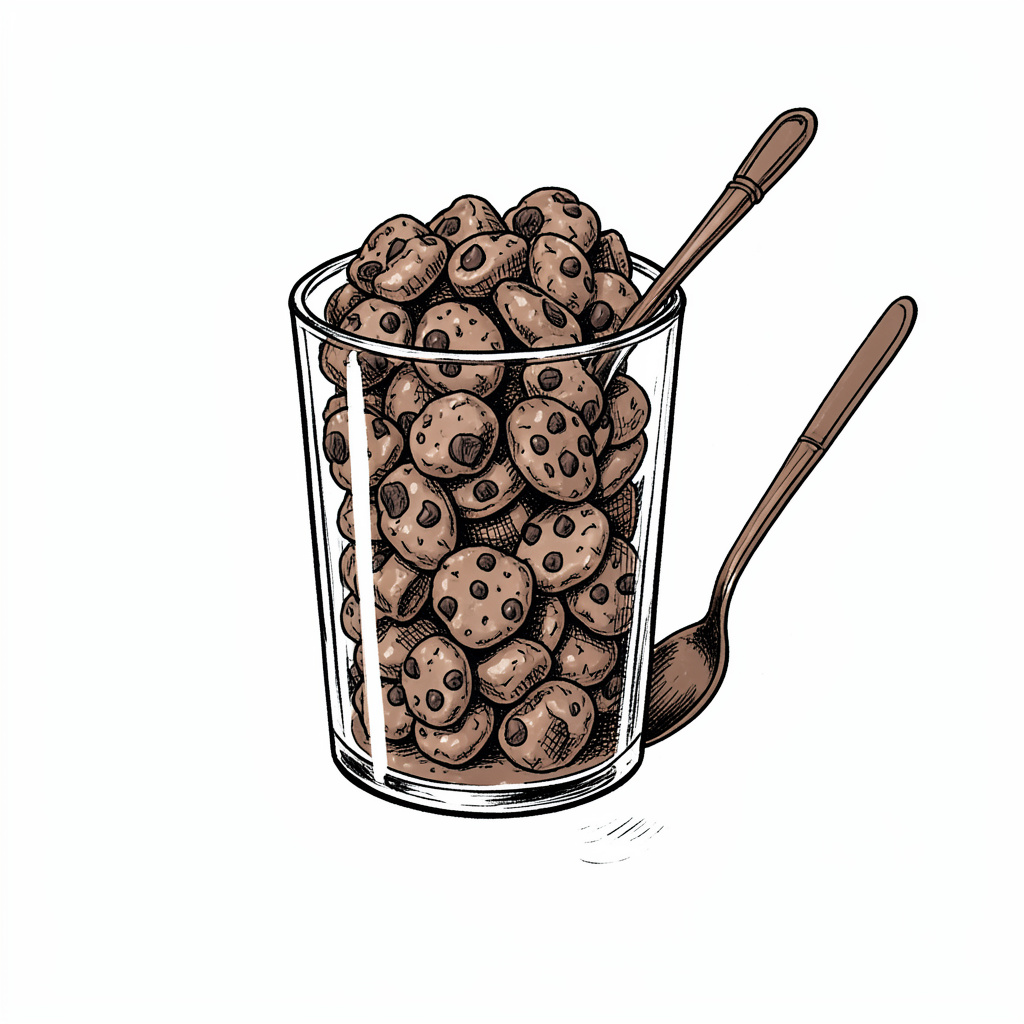 Il·lustració a tinta dibuixada a mà d'un pot de vidre ple de massa de galeta comestible amb xips de xocolata, amb una cullera al costat, en tons marró fosc, crema i negre sobre fons clar